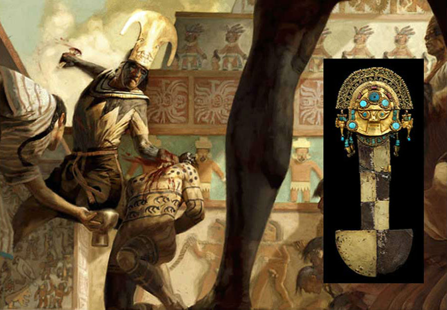 Portada - Ilustración de un sacrificio mochica (Anthropology.net). Detalle: Tumi ceremonial de oro (Ayllu Astur)
