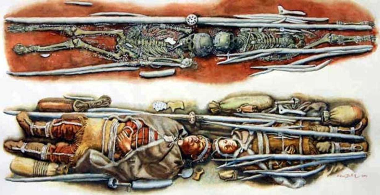 Portada - Esqueletos y representación del posible aspecto original de la tumba prehistórica de los niños en el momento del entierro. (Libor Balák)