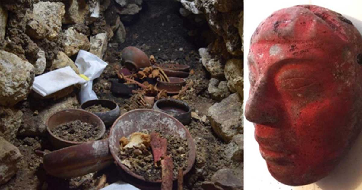 Portada - Izquierda: Copa de piedra en el centro de Enterramiento 80, rodeada de huesos durante las excavaciones. Derecha: Máscara de jade hallada en el Enterramiento 80, pintada de rojo con pigmento de cinabrio. (Proyecto Arqueológico Waka’ y Ministerio de Cultura y Deportes de Guatemala)