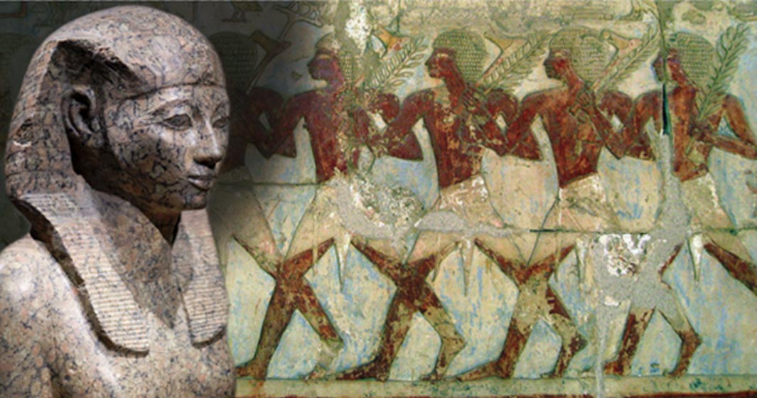 Portada - Estatua de piedra de Hatshepsut (CC BY-SA 2.0) y soldados egipcios integrantes de la expedición de Hatshepsut a la Tierra de Punt, tal y como aparecen representados en el templo de la reina faraón construido en Deir el-Bahari. (CC BY 2.0) 