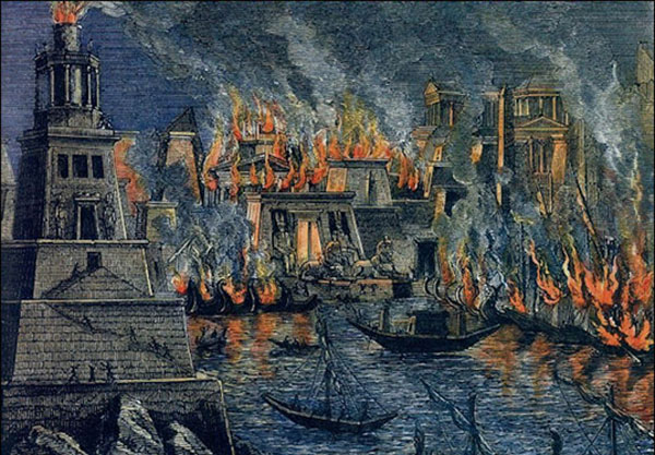 Una de las teorías sugiere que la Biblioteca de Alejandría fue incendiada. "El incendio de la Biblioteca de Alejandría", de Hermann Goll (1876).
