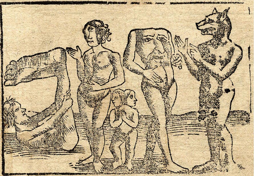 Grabado en el que aparecen (de izquierda a derecha) un Monópodo o Esciápodo, un Cíclope femenino, Siameses unidos, un Blemio, y un Cinocéfalo, 1544 (Wikimedia Commons). 