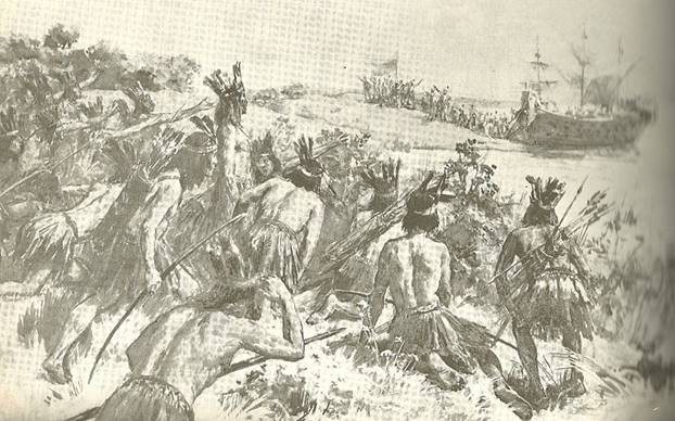 Guerreros Charrúas disponiéndose a atacar al español Juan Díaz de Solís. Ilustración de Ulpiano Checa (Wikimedia Commons)