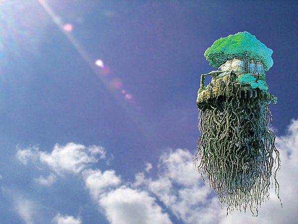 Recreación artística de la isla voladora de “Laputa” aparecida en “Los Viajes de Gulliver”: un moderno Vimana. (Flickr)