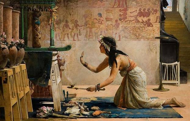 Ofrendas a un Gato Egipcio’ por John Reinhard Weguelin, 1886-Sacerdotisa-ofrece-leche-y-alimento-a-espiritu-de-gato-fallecido