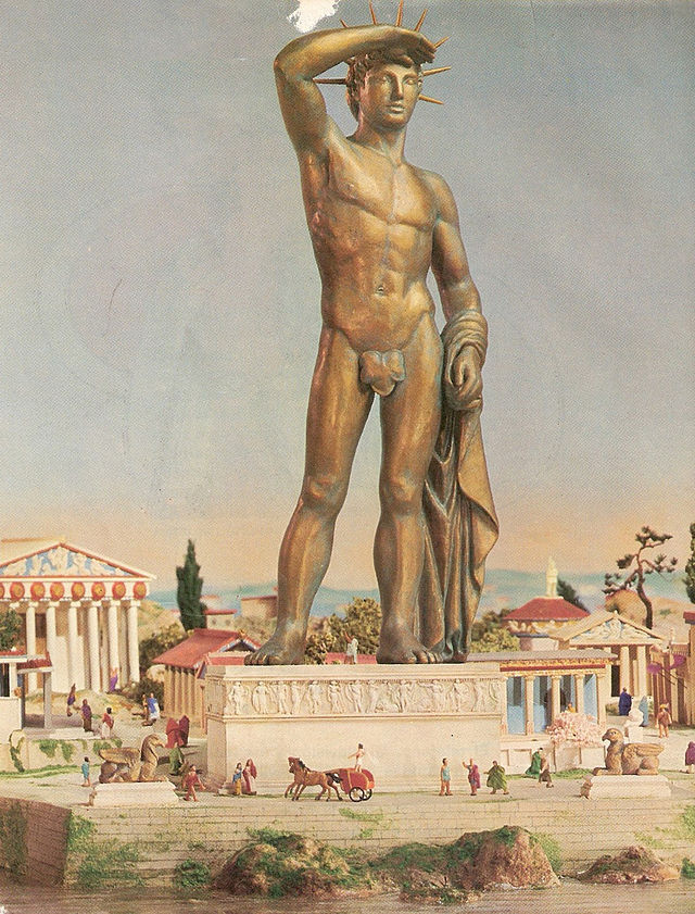 El Coloso de Rodas y su posible postura y apariencia. Wikimedia Commons