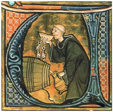 Monje bebiendo a escondidas en la bodega. Ilustración de una copia del ‘Li livres dou santé’ de Aldobrandino de Siena. (Wikimedia Commons)