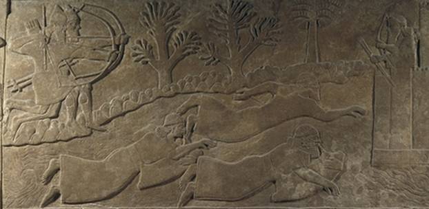 “Los enemigos huyen cruzando el río" relieve asirio del siglo IX a C - Museo Britanico