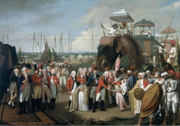 Lord Cornwallis, General Británico, recibe como rehenes a dos hijos del Sultán Tipu en la India, año 1793