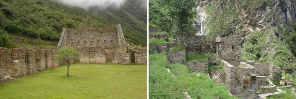 Izquierda: Plaza principal en Choquequirao. Derecha: Restos de casa Inca en Choquequirao