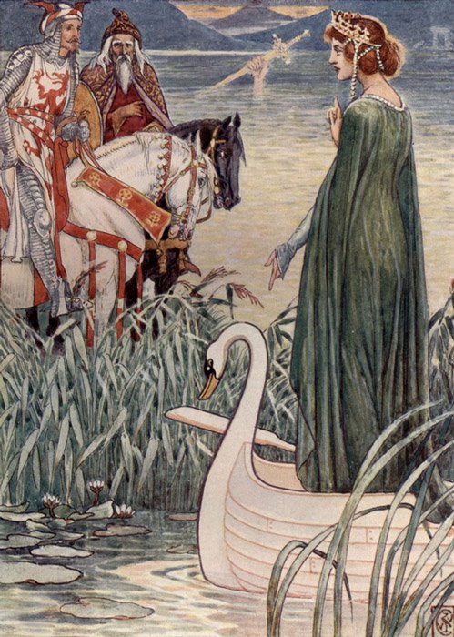 El rey Arturo pregunta a la Dama del Lago por la espada Excálibur, ilustración del artista inglés del siglo XIX Walter Crane. (Public Domain)