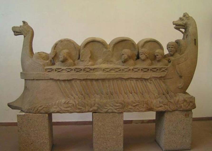 Representación de una antigua embarcación fluvial romana que transporta personas y toneles, seguramente de vino. (CC BY-SA 3.0)