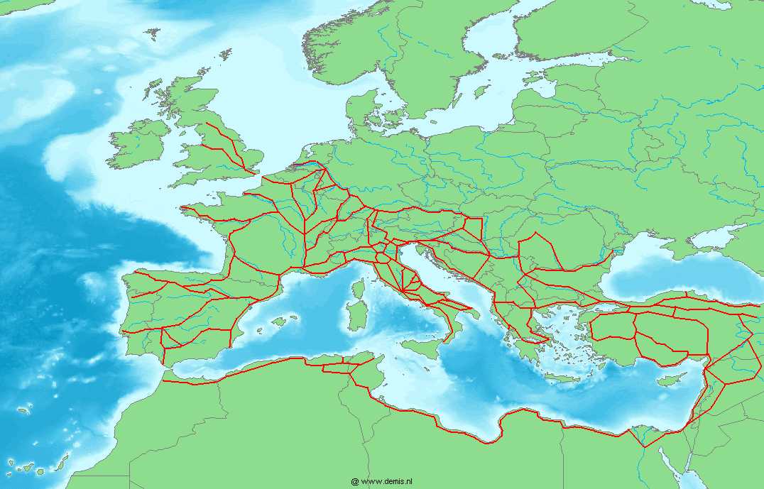 Red de carreteras del Imperio romano bajo la regencia del emperador Adriano (Dominio público)