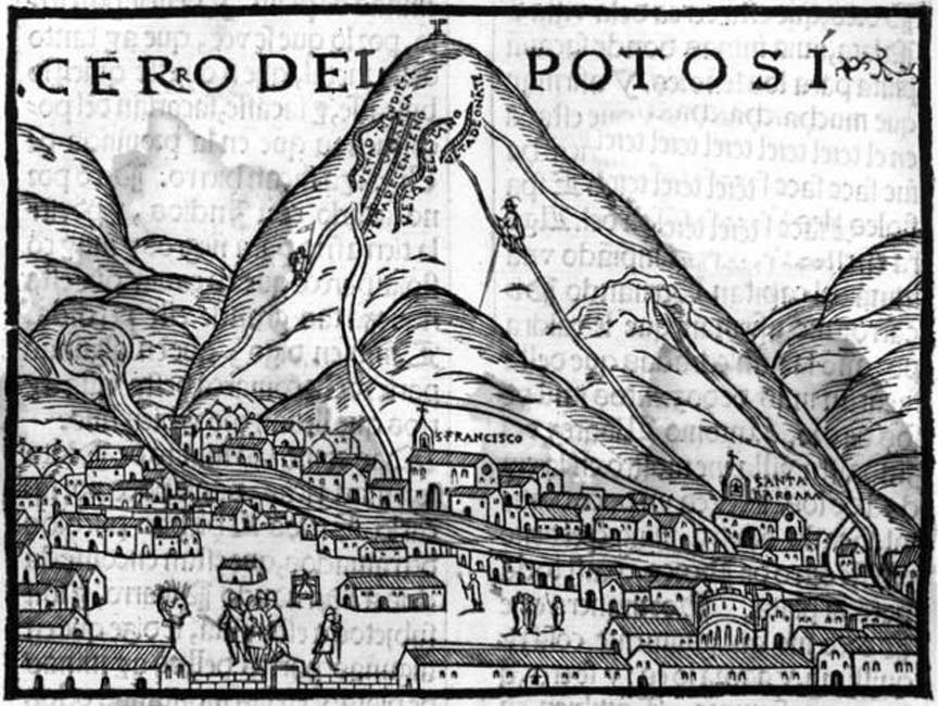 Primera imagen de Potosí publicada en Europa, Pedro Cieza de León, 1553. (Public Domain)