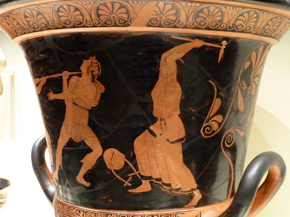 Copa griega del siglo V a. C. en cuya decoración se representa la muerte de Orfeo a manos de las bacantes o ménades. (Wikimedia Commons)