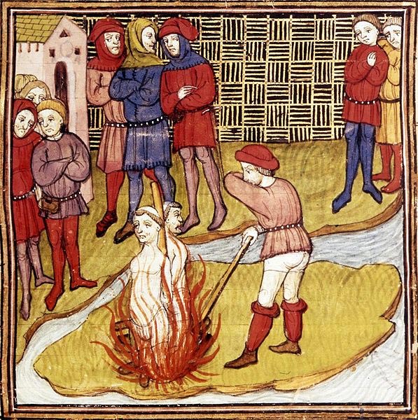Jacques de Molay sentenciado a la hoguera en 1314, de la Crónica de Francia o de St. Denis. (Public Domain)