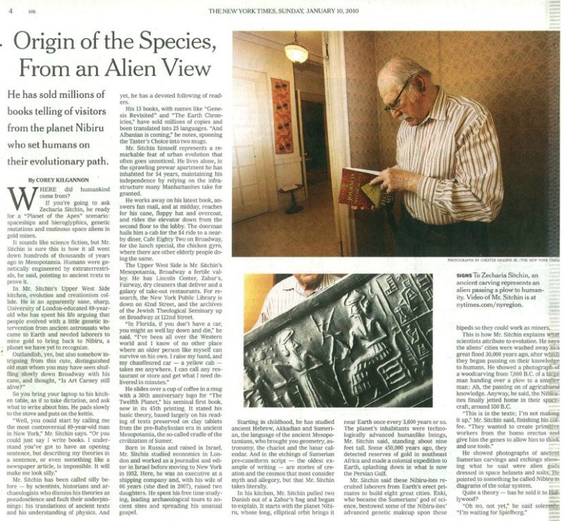 Extracto de la entrevista a Sitchin publicada en el New York Times en el año 2010. (Imagen: Código Oculto).