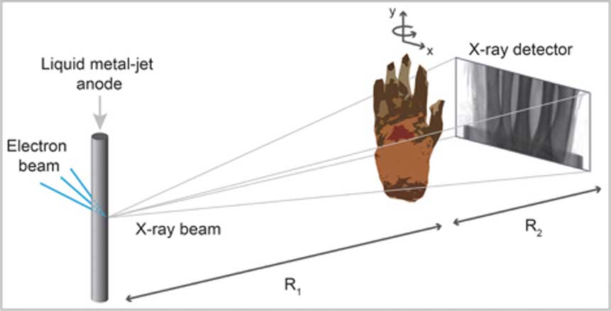 Esta imagen nos muestra cÃ³mo se realizÃ³ la TomografÃ­a Computarizada por contraste de fase basada en la propagaciÃ³n a la antigua mano momificada. En el esquema del experimento podemos observar el microfoco que emite los rayos X, la muestra en rotaciÃ³n y el detector de rayos X.