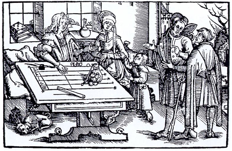 Grabado en madera en el que podemos observar a diversos personajes en torno a una mesa de cálculos (probablemente en Estrasburgo), en la que se habrían empleado ‘jetons,’ en español, getones. ( Public Domain )