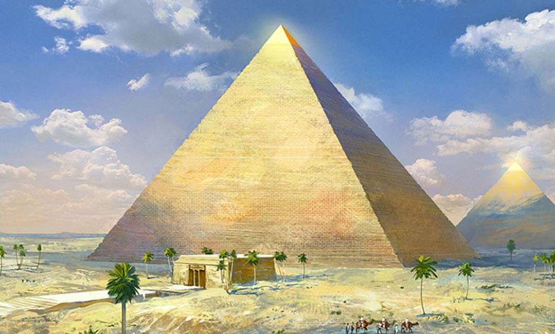 Representación artística de la Gran Pirámide de Guiza con su revestimiento exterior de piedra aún intacto. (Wiki.en.Grepolis.com)