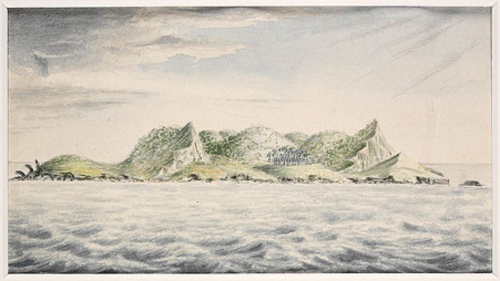 Vista de la isla de Pitcairn, mares del Sur, 1814, J. Shillibeer, Biblioteca del Estado de Nueva Gales del Sur. (Dominio pÃºblico)