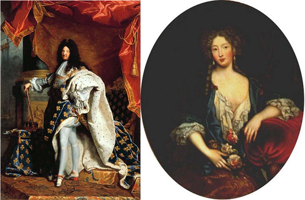 Retratos de Luis XIV, obra de Hyainthe Rigaud (1701) (Public Domain) y Marie Angélique de Scorailles, Duquesa de Fontanges (fecha desconocida). (Public Domain)