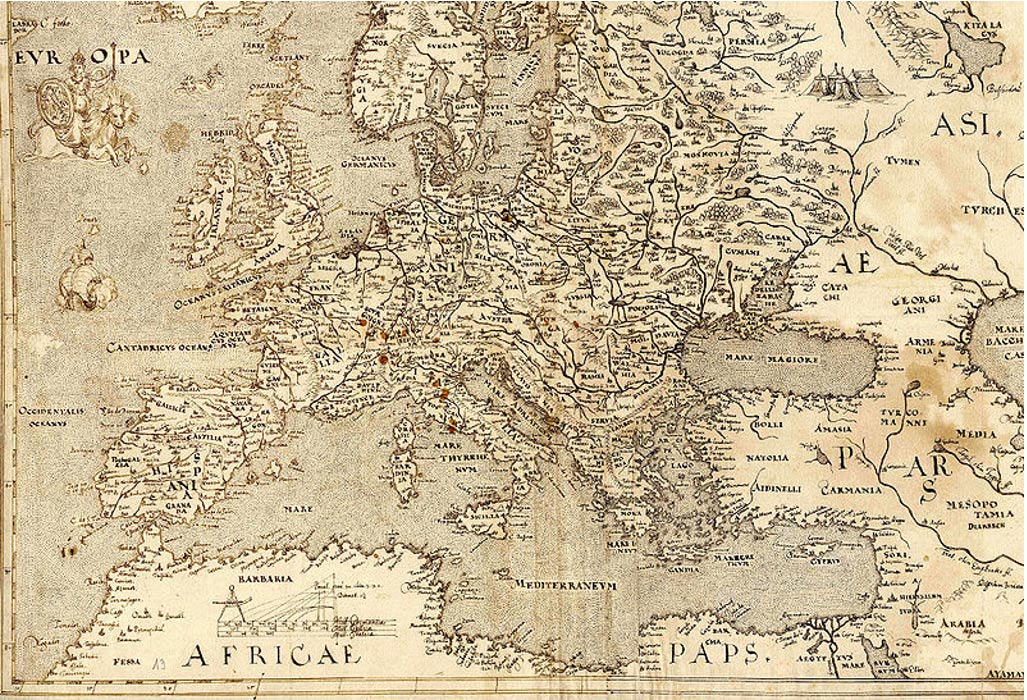 Mapa de Europa de 1570 en el que Hy-Brasil aparece situada en otro lugar ( ver justo a los pies del animal que cabalga ‘Europa,’ arriba a la izquierda) (Wikimedia Commons)