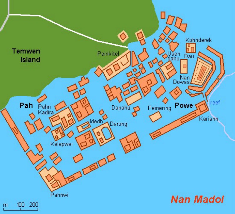 Mapa de las antiguas ruinas de Nan Madol, construida sobre islas artificiales junto a la isla de Temwen, posible vestigio de una antigua ciudad perdida sumergida. (La Gran Época)