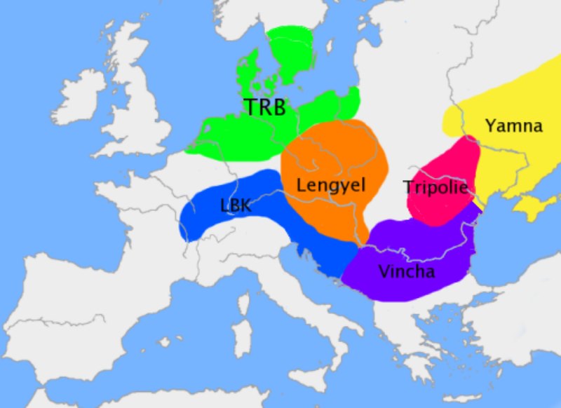 Ubicación geográfica de las principales culturas neolíticas europeas, entre las que se encuentra la Vincha, probablemente la más temprana de todas ellas. (GNU Free)