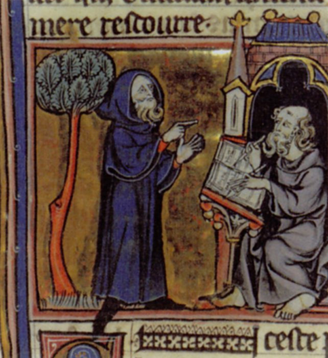 Merlín dicta sus profecías a su escriba Blaise; miniatura francesa del siglo XIII, ilustración del Merlín en prosa de Robert de Boron escrito en torno al año 1200. (Public Domain)