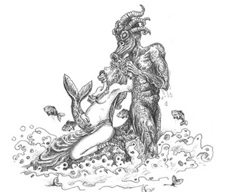 Un quinotauro, especie de monstruo marino, posee a la esposa del rey Clodión, que se queda embarazada de este modo del futuro rey Merovec. Ilustración de Andrea Farronato (Public Domain)