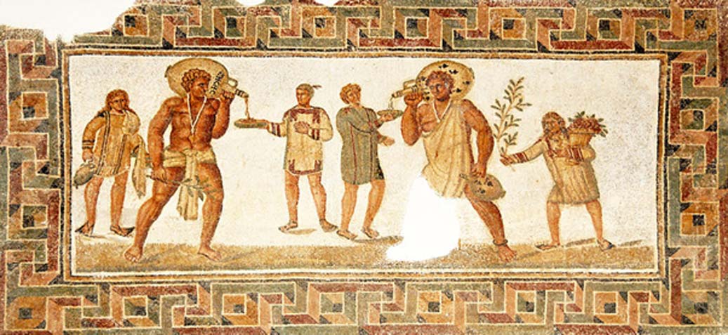 Suelo de mosaico hallado en Dougga (siglo III d. C.) con esclavos sirviendo vino en un banquete. (CC BY-SA 2.0)