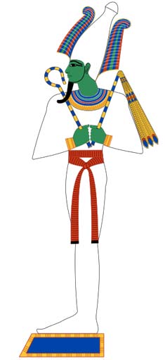 Osiris era el Señor de los Muertos en la religión del antiguo Egipto. Aquí podemos verle envuelto en los típicos vendajes de momia. Imagen basada en pinturas funerarias del Imperio Nuevo. (CC BY-SA 4.0)