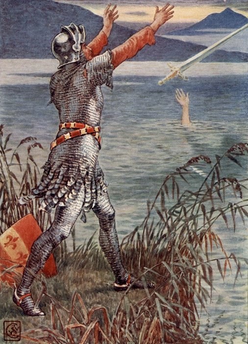 Sir Bedevere arroja la espada Excálibur al lago, ilustración del artista inglés del siglo XIX Walter Crane. (Public Domain)