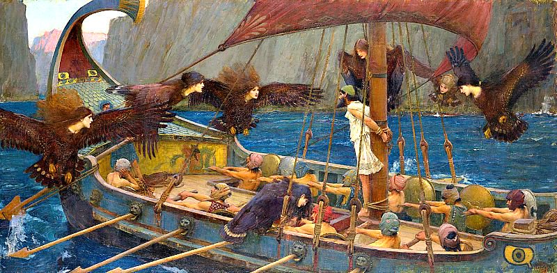 ‘Ulises y las sirenas’, óleo pintado en 1891 por John William Waterhouse. Ulises (Odiseo) se encuentra atado al mástil, mientras su tripulación se ha tapado los oídos con cera para protegerse del seductor canto de las sirenas (Dominio público)
