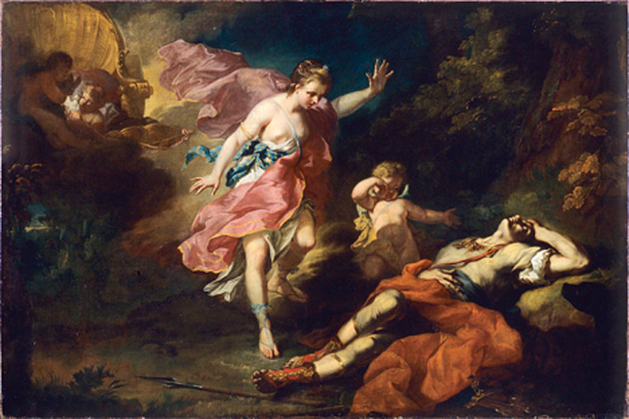 ‘Vénus pleurant la mort d'Adonis’ (Venus llora la muerte de Adonis) (1753) óleo de Jean-Faur Courrège. (Dominio público)