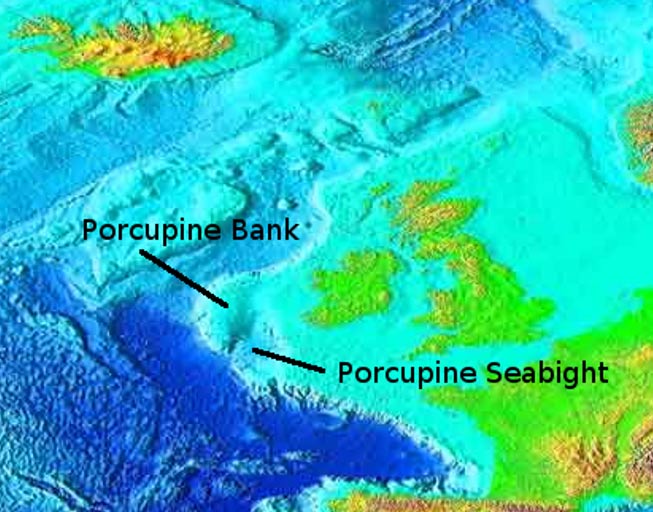 El banco y la cuenca de Porcupine, batimetría del Nordeste del Atlántico (Wikimedia Commons)