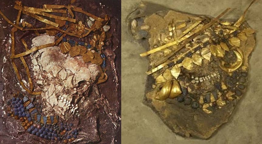 Portada - Tumba de la reina Puabi (izquierda) y restos de sirvientes sacrificadas hallados en la Gran Fosa de la Muerte de Ur (derecha). Fuente: Sumerian Shakespeare