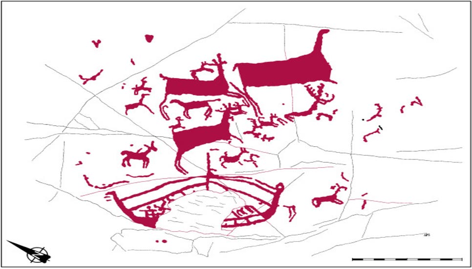 Portada-En la parte inferior de este dibujo del grabado rupestre de Auga dos Cebros podemos observar el barco con su mástil y los trazos perpendiculares que posiblemente representen bancos para remeros. (Dibujo realizado por Dig Ventures)