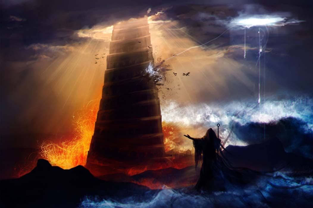 Hechicero en capucha de pie frente a una antigua torre de Babilonia destruida con una ilustraciÃ³n de inundaciones, incendios y huracanes (breakermaximus / Adobe Stock)