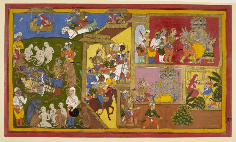 Portada-Escena del Yuddha Kanda, uno de los libros del Ramayana. Arriba a la izquierda se ve a la raksashi Trijata (con un sari rojo) en el Pushpaka Vimana, señalando el campo de batalla. Junto a ella está Sita, esposa de Rama. Arriba a la derecha aparece de nuevo el mismo personaje en el Vimana. Manuscrito del Ramayana de Udaipur (India, 1652) (Public Domain)