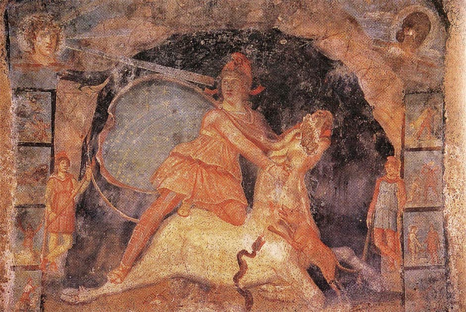 Mitra y el toro, fresco del templo de Mitra, Marino, Italia, del siglo II d.C.