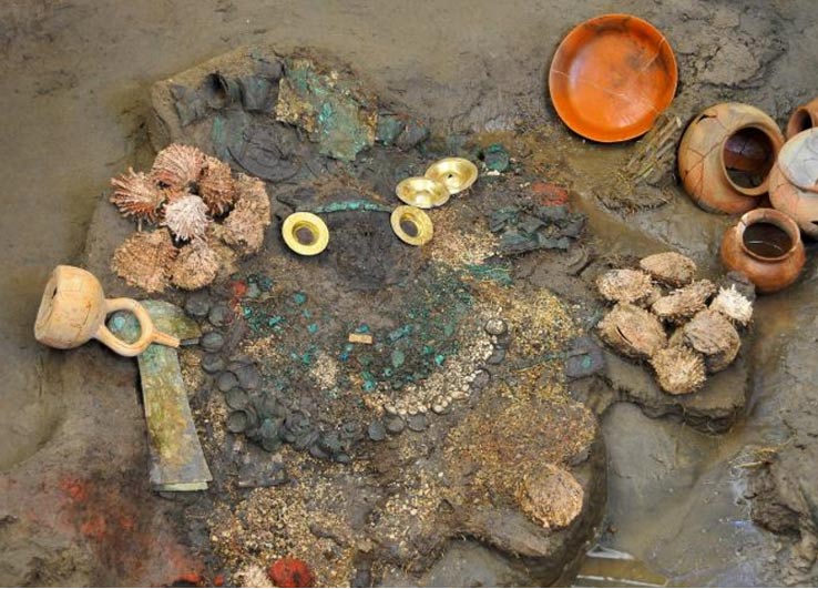 Pendientes de oro, dos cuchillos, colección de conchas, y recipientes de cerámica descubiertos en una tumba Lambayeque inundada. 