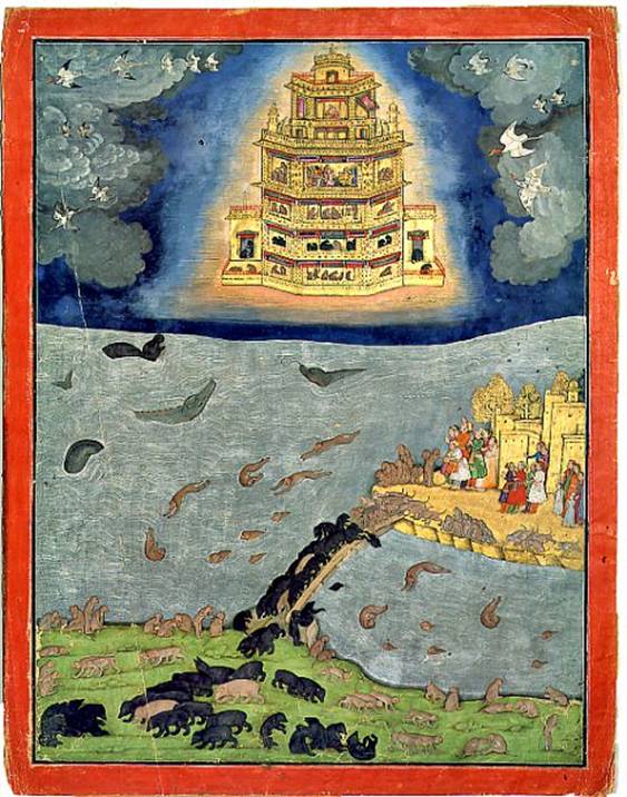 El resplandeciente Pushpaka Vimana, principal vimana del Ramayana, surcando los cielos por encima del Océano Índico. A la derecha se puede observar la isla de Lanka, hoy Sri Lanka, unida por un puente al subcontinente Indio (abajo) (Wikimedia Commons)