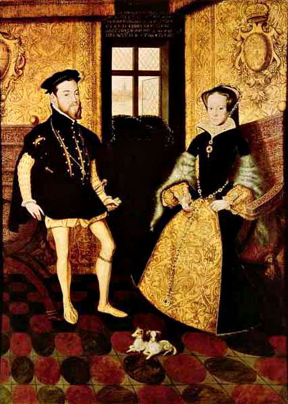 Retrato de María I de Inglaterra junto a su esposo Felipe de España. La pareja sólo convivió alrededor de 15 meses. Obra de Hans Eworth. (Wikimedia Commons)
