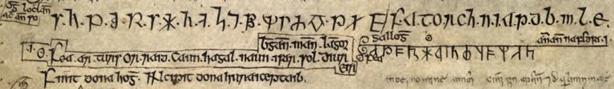Descripción del nuevo Futhark como "Ogham Vikingo" en el libro de Ballymote (1390 d. C.). Public Domain