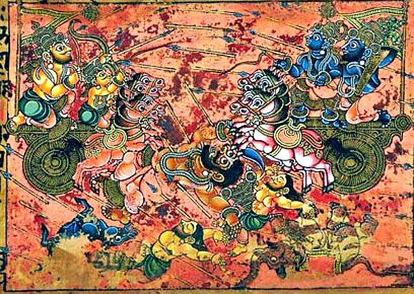 Scène du Mahabharata dans laquelle Karna (à gauche), maître dans l’emploi des astras, tue Ghatotkacha en utilisant la Shakti, un type d’astra. (Wikimedia Commons)