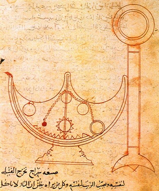 Ilustración original de una lámpara autoajustable discutida en el tratado sobre dispositivos mecánicos de Ahmad ibn Musa ibn Shakir. (Dominio público)