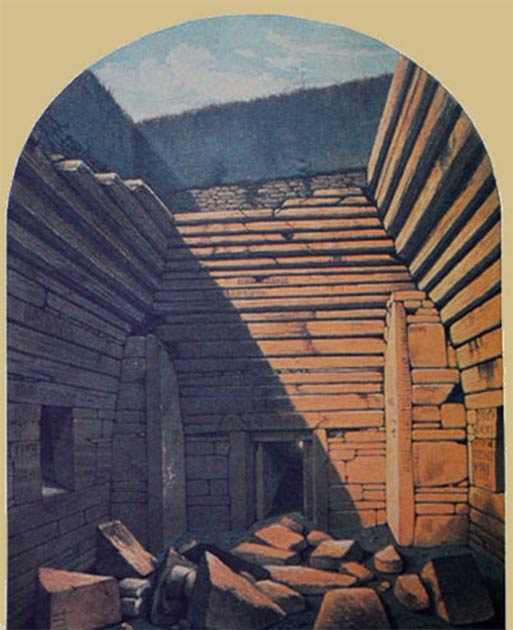 A la izquierda: secciones transversales del mojón con cámara neolítica y la tumba de paso conocida como Maeshowe en las Orcadas. (Fantoman400 / CC BY-SA 3.0). A la derecha: Maeshowe en las Orcadas, poco después de su apertura en 1861. (Fantoman400 / CC BY-SA 3.0)