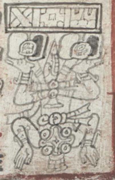 Una ilustración del Códice de Dresde muestra al dios Venus descendiendo de una franja celeste que contiene símbolos solares y lunares. (Biblioteca Estatal y Universitaria de Sajonia - Dresde/The Conversation)